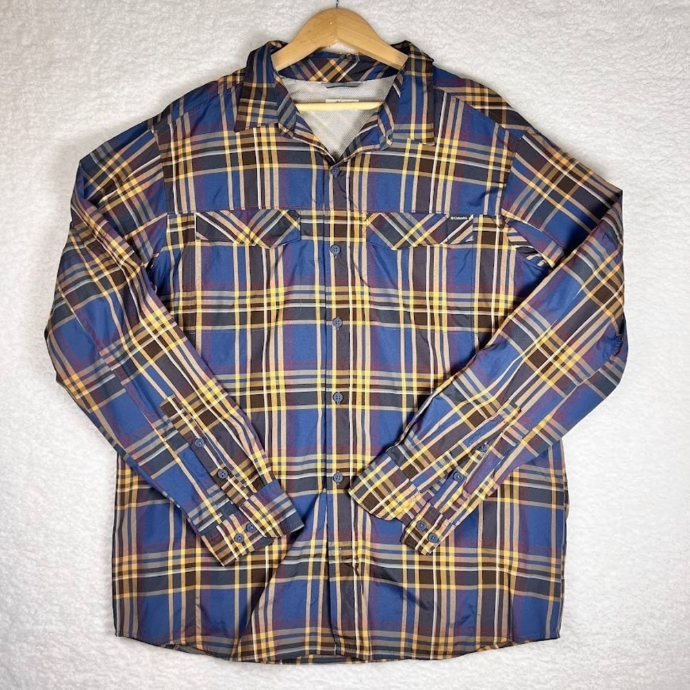 Columbia Plaid Fishing Shirt Mens XL Blue Yellow Omni Shade Vented Hiking